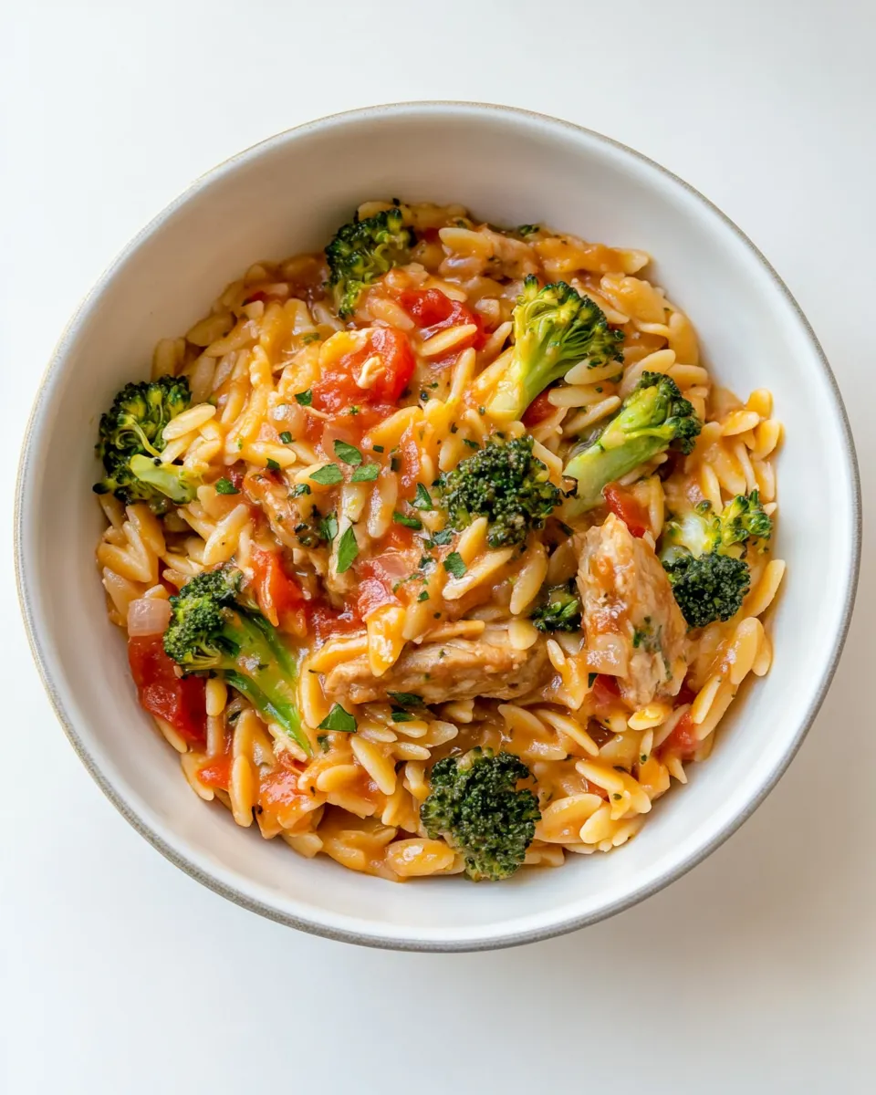Delicious Tomato Orzo with Chicken Sausage and Broccoli dish photo