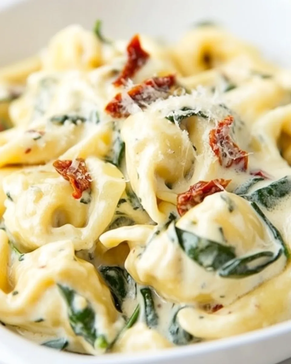 delicious Tortellini in Parmesan Cream Sauce with Spinach and Sun-Dried Tomatoes shot