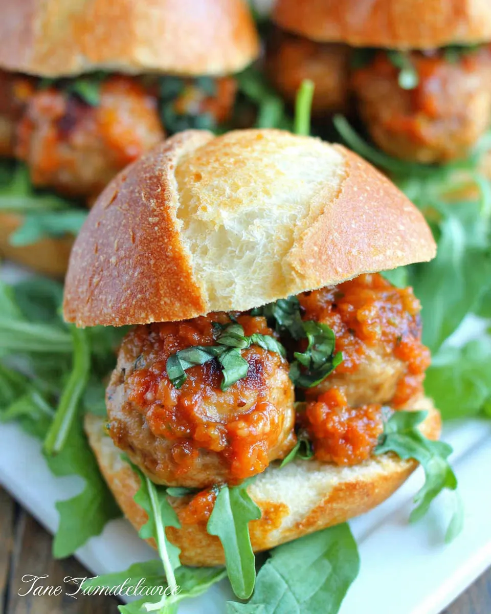 Delicious Tuscan Chicken Meatball Sandwiches food shot
