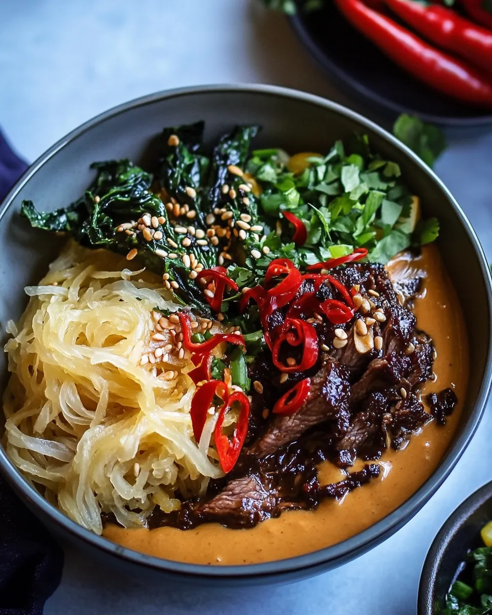 homemade Vietnamese Lemongrass Beef and Spaghetti Squash Noodle Bowls with Peanut Sauce. photo