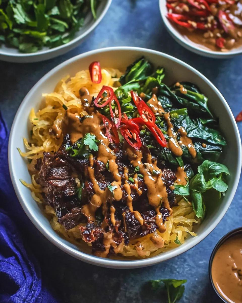 classic Vietnamese Lemongrass Beef and Spaghetti Squash Noodle Bowls with Peanut Sauce. image