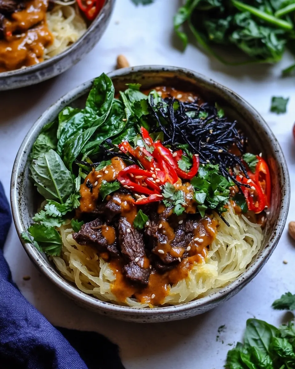 easy Vietnamese Lemongrass Beef and Spaghetti Squash Noodle Bowls with Peanut Sauce. picture