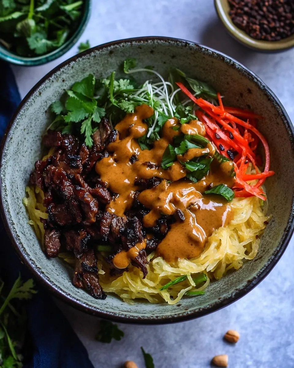 delicious Vietnamese Lemongrass Beef and Spaghetti Squash Noodle Bowls with Peanut Sauce. shot