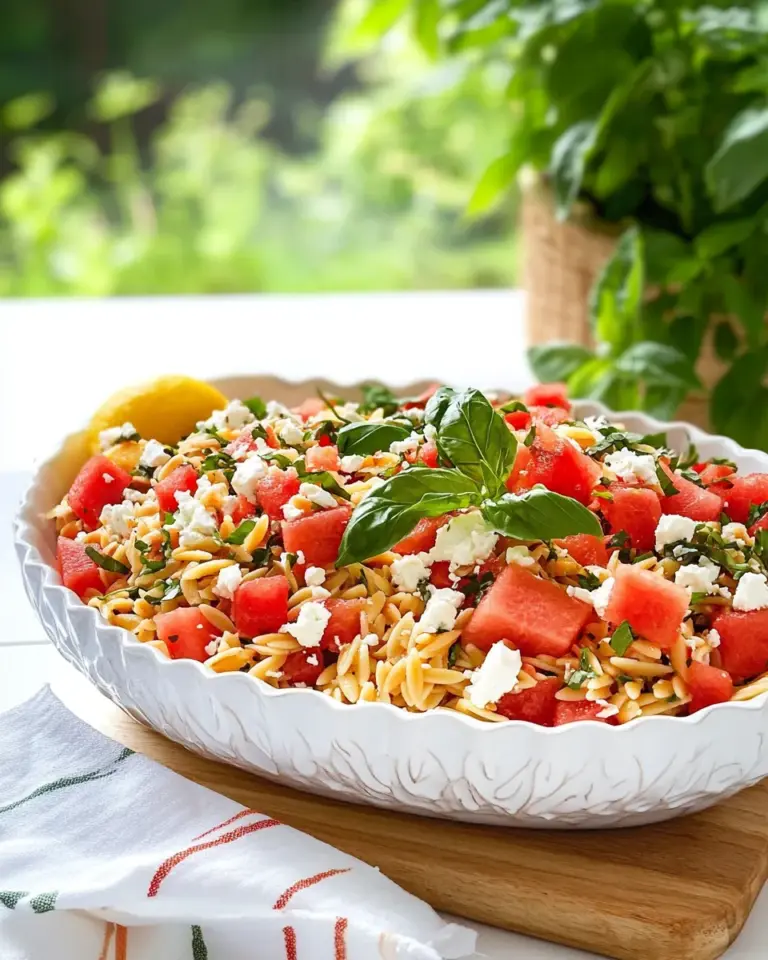 Homemade Watermelon Feta Orzo Salad with Lemon and Basil photo