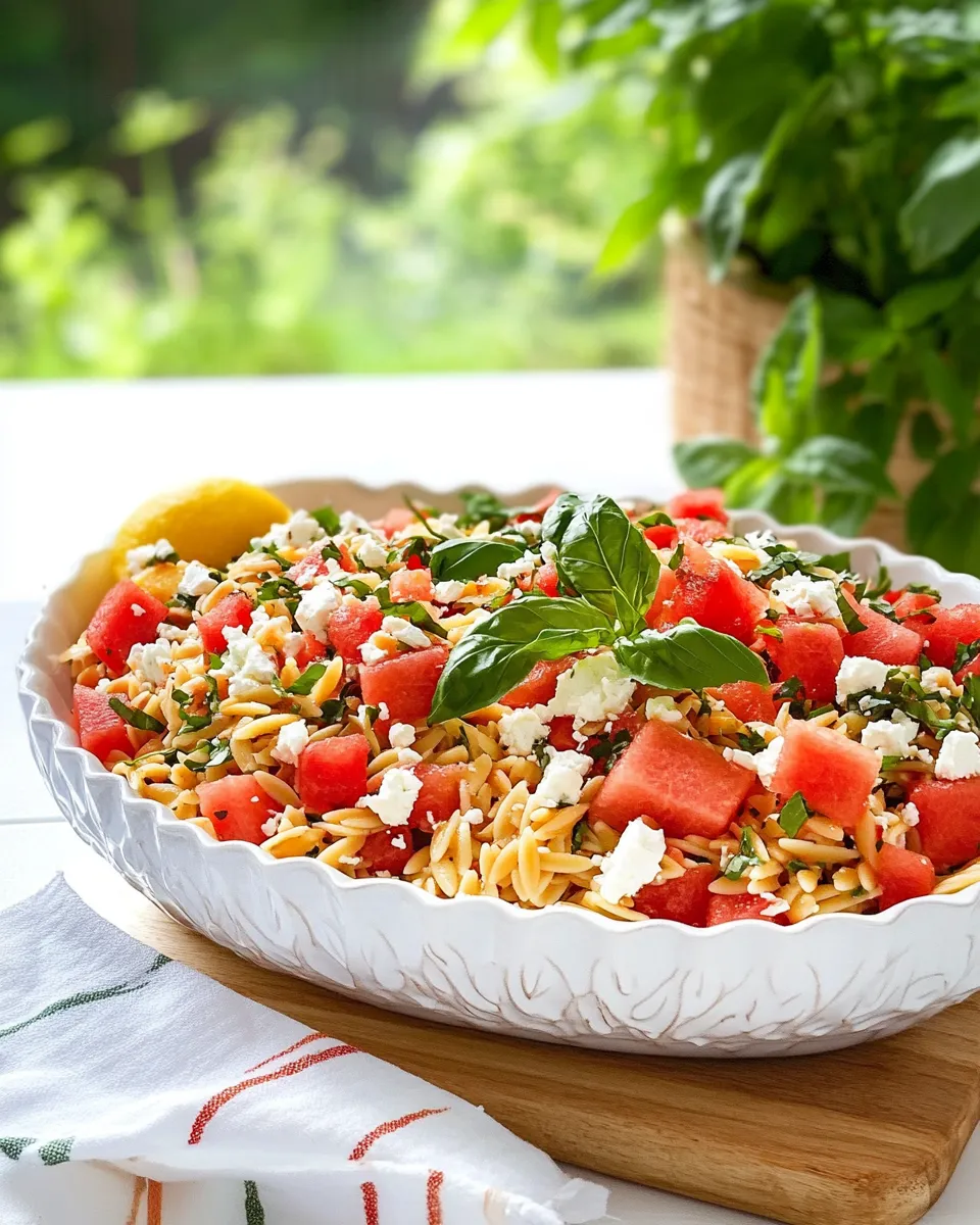 Homemade Watermelon Feta Orzo Salad with Lemon and Basil photo