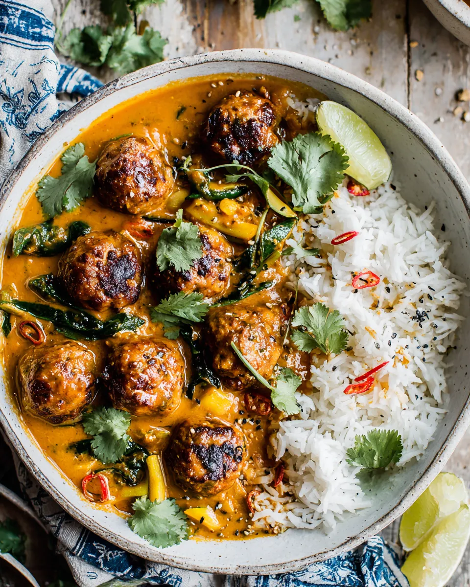 Delicious Weeknight 30 Minute Coconut Curry Chicken Meatballs. food shot