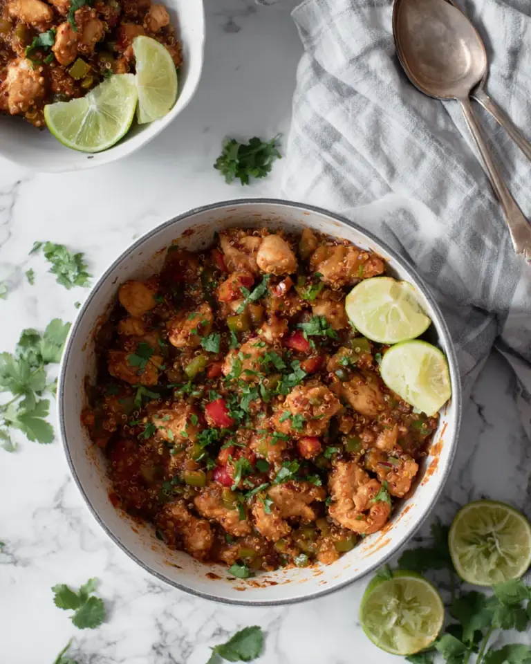 Savory Weeknight One Pot Salsa Chicken Quinoa. food shot