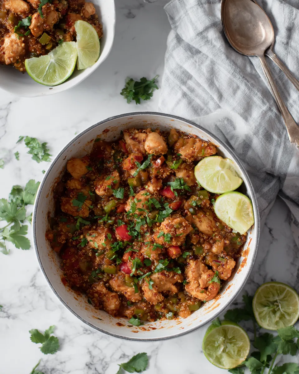 Savory Weeknight One Pot Salsa Chicken Quinoa. food shot