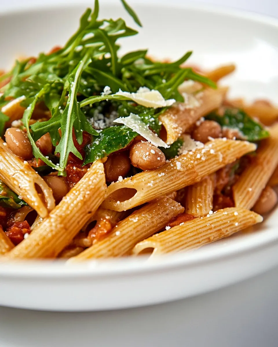 delicious Whole Grain Penne Pasta with Greens & Beans food shot