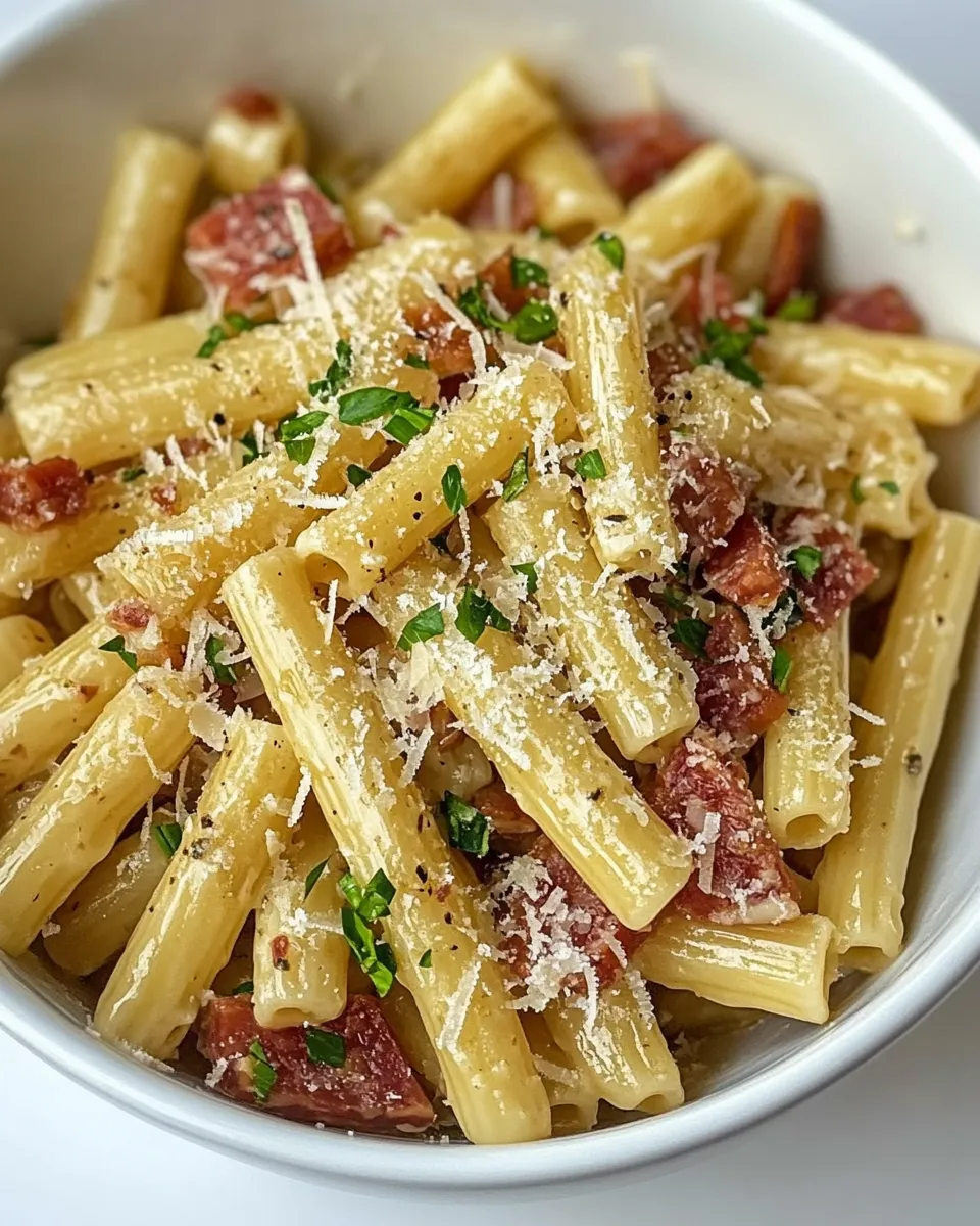 Delicious Ziti Carbonara with Salami dish photo